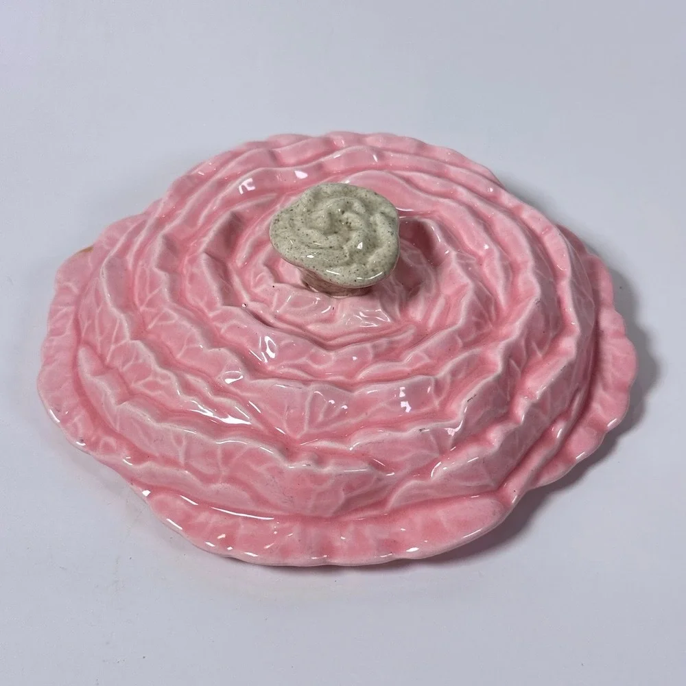 Vintage 1956 Miramar of California Pink Cabbage Leaf Covered Dish 644 Rosebud